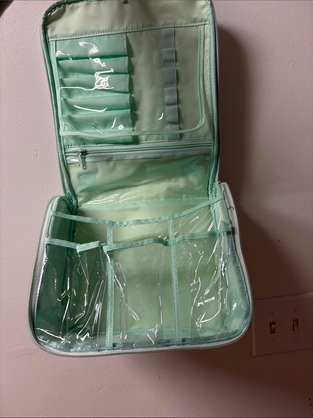 Mint Green Travel Makeup Organizer Bag with Clear Compartments